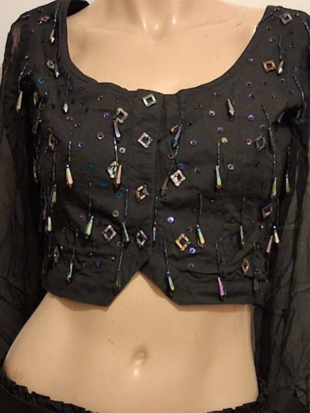 Vintage 90s Joujou Beaded Sheer Sleeve Crop Top Festival Fairycore Y2K Small